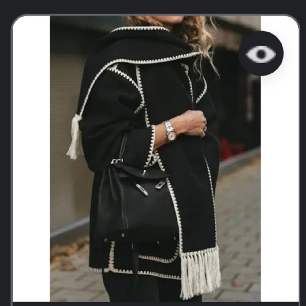 JING US Black Contrast Drop Shoulder Wool-Blend Tweed Coat with Scarf